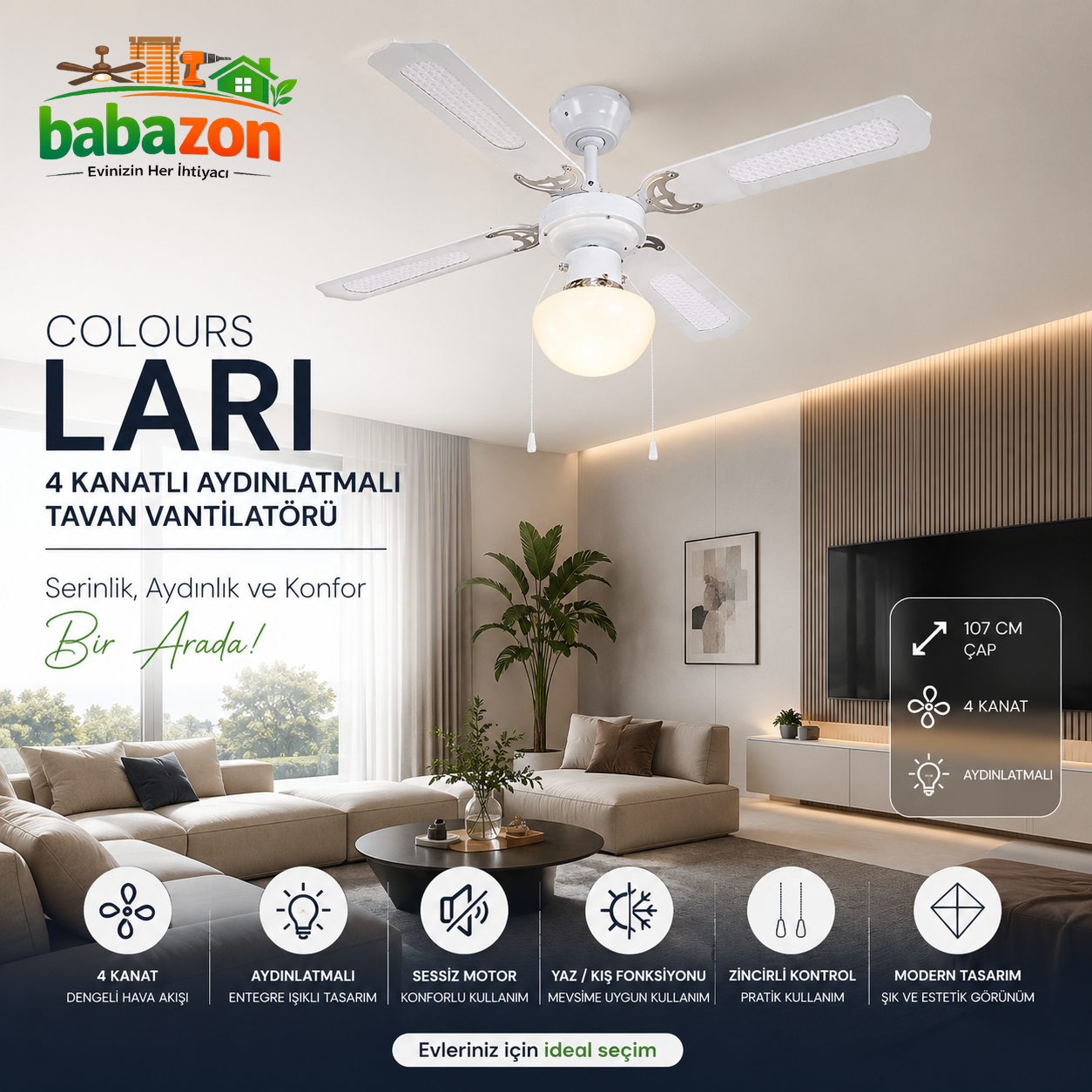 Colours Lari 4 Kanatlı Aydınlatmalı Tavan Vantilatörü Beyaz