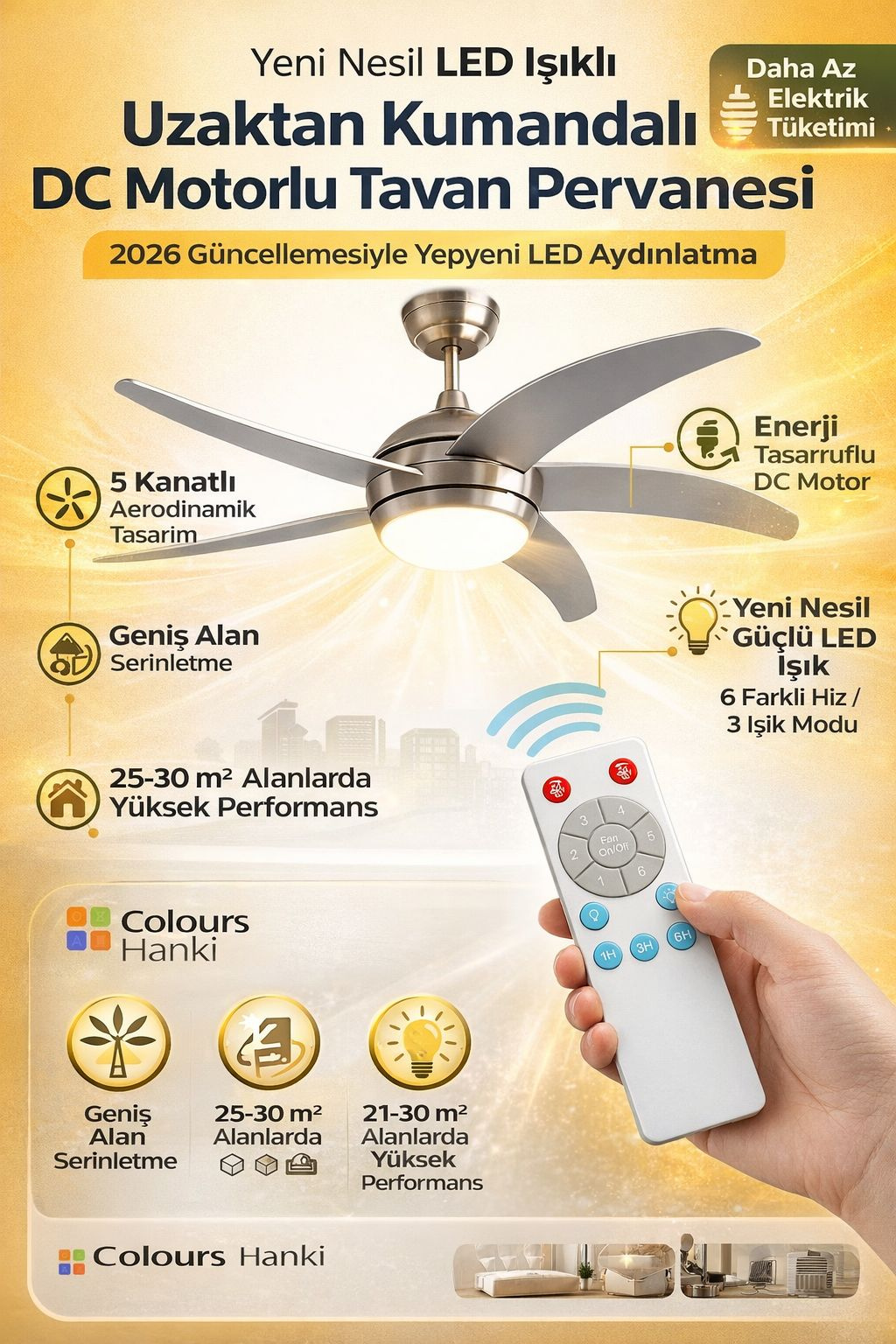 Colours Hanki 2026 Model DC Motor Led Aydınlatma Uzaktan Kumandalı Tavan Vantilatörü 132 cm Gri 5 Kanat