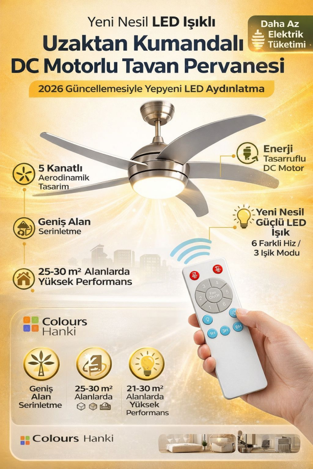 Colours Hanki 2026 Model DC Motor Led Aydınlatma Uzaktan Kumandalı Tavan Vantilatörü 132 cm Gri 5 Kanat
