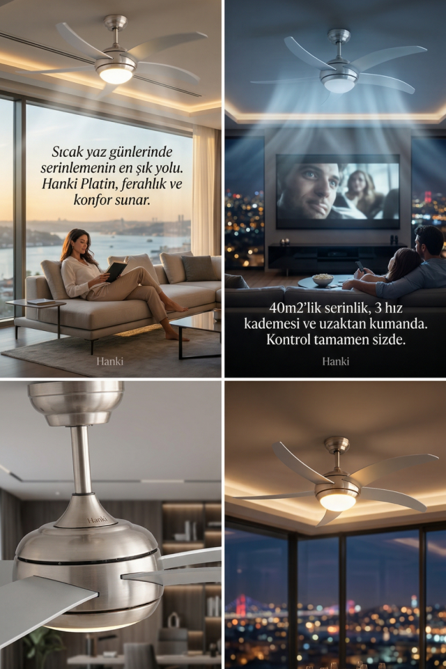 Hanki-Platin Uzaktan Kumandalı Tavan Vantilatörü 132 cm Gri 5 Kanat