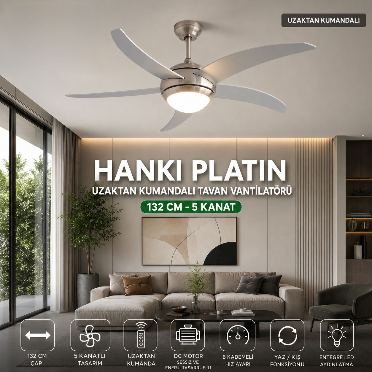 Colours Hanki 2026 Model DC Motor Led Aydınlatma Uzaktan Kumandalı Tavan Vantilatörü 132 cm Gri 5 Kanat
