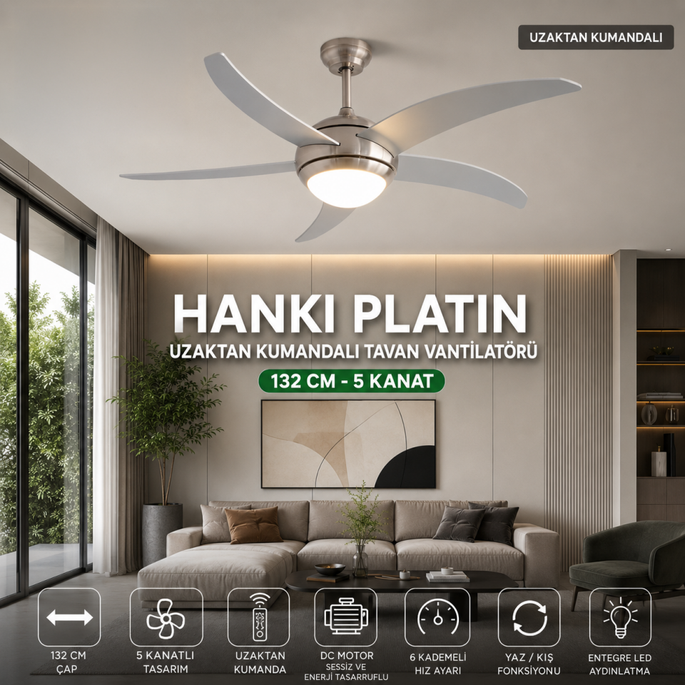 Colours Hanki 2026 Model DC Motor Led Aydınlatma Uzaktan Kumandalı Tavan Vantilatörü 132 cm Gri 5 Kanat