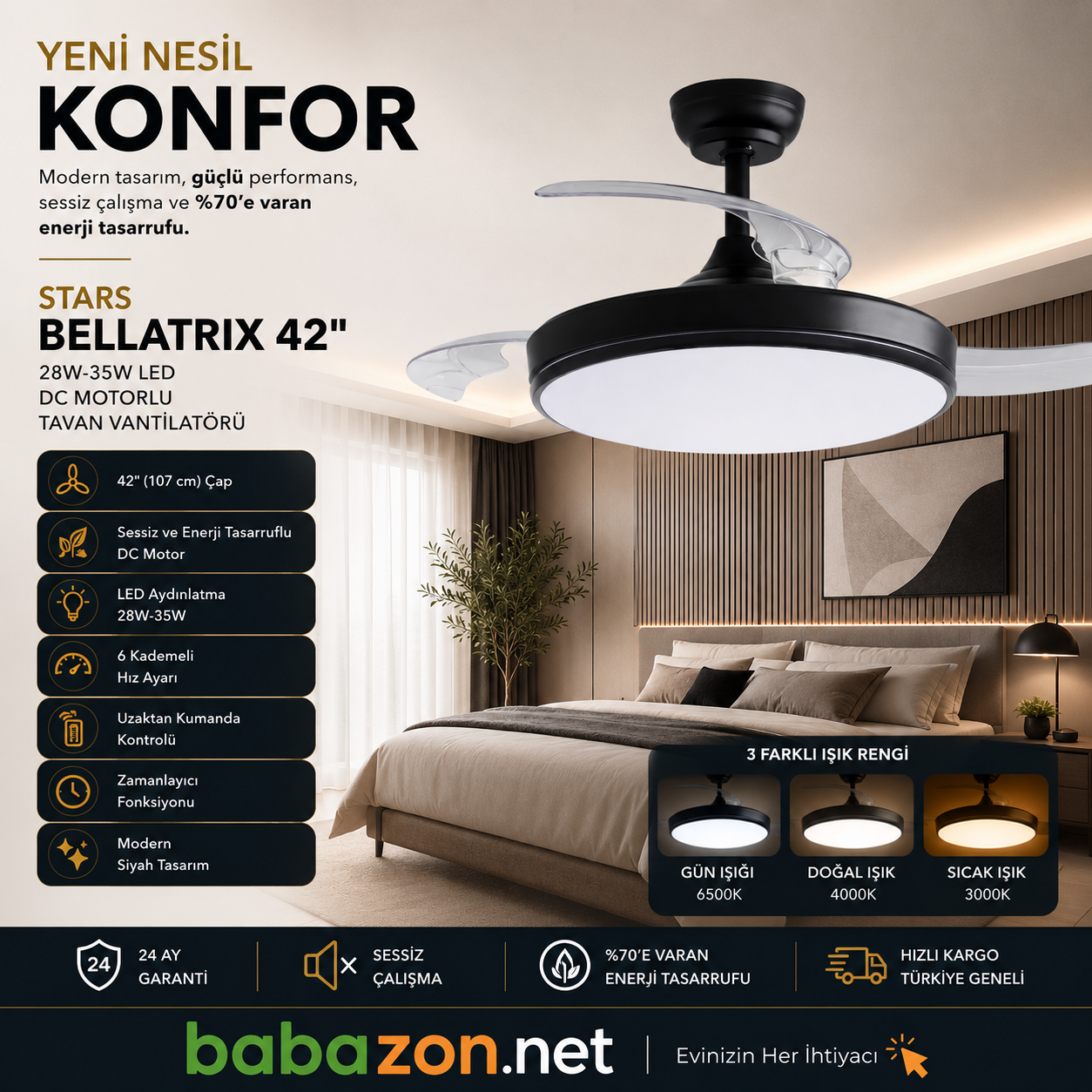 Colours Stars Bellatrix 42 İnç 28w+35w LED DC Motor Tavan Vantilatörü