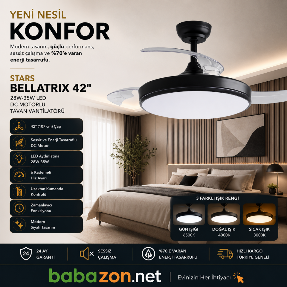 Colours Stars Bellatrix 42 İnç 28w+35w LED DC Motor Tavan Vantilatörü