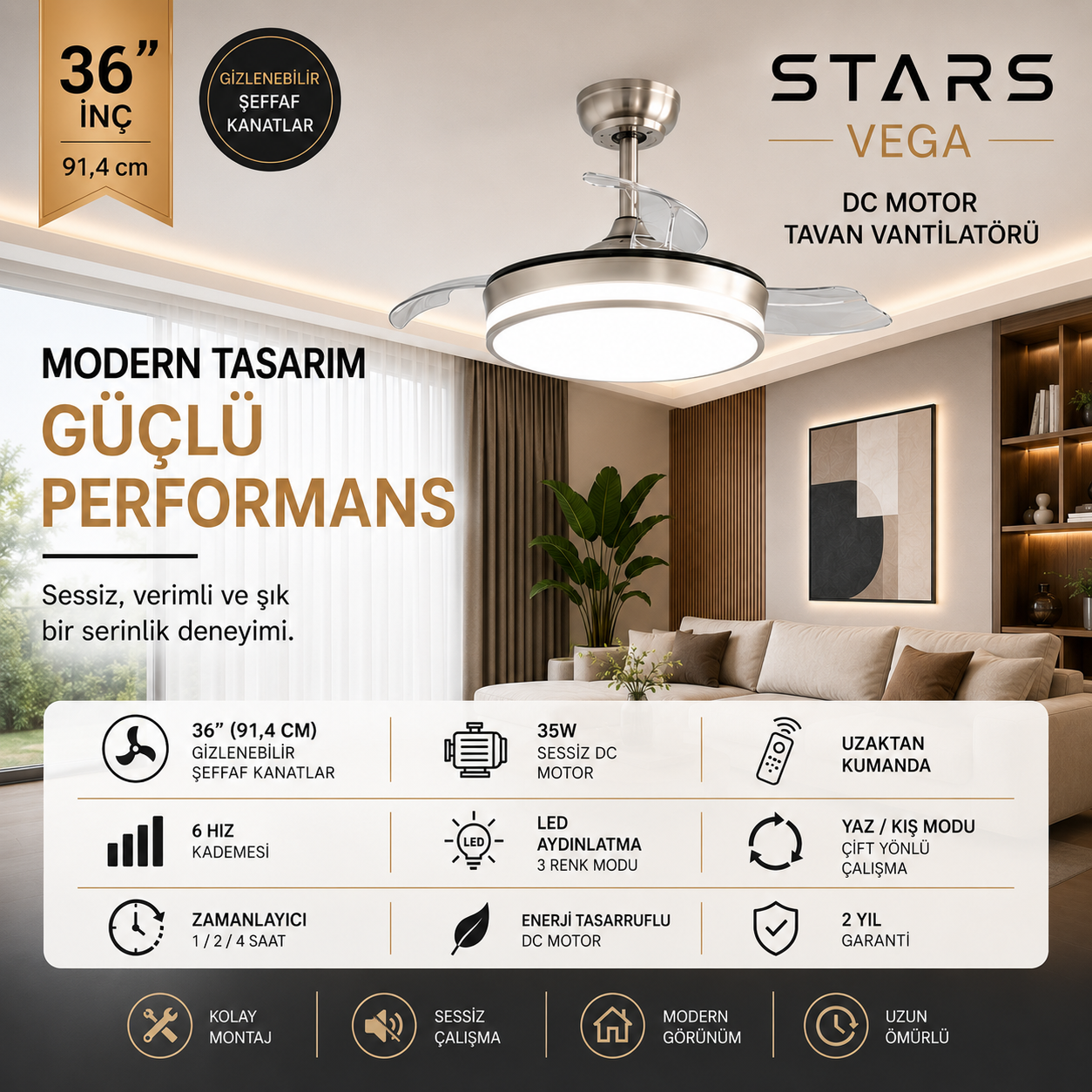 Stars Vega 36 Inch Tavan Vantilatörü DC Motor Led Aydınlatma