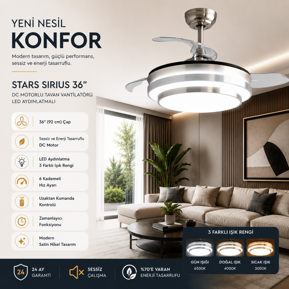 Stars Sirius 36'' Tavan Vantilatörü DC Motor Led Aydınlatma